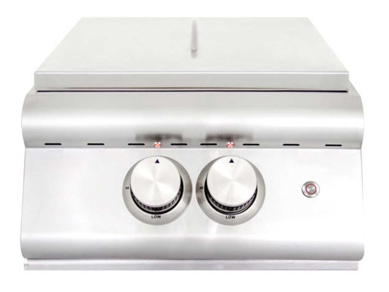 White portable grill with two control knobs on a white background