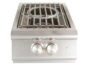 Stainless steel gas cooktop with two burners and control knobs on a white background