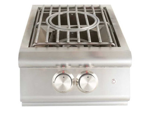 Stainless steel gas cooktop with two burners and control knobs on a white background