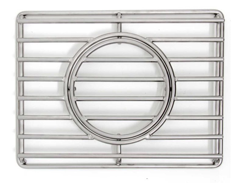 Chrome metal grid with circular center on a white background