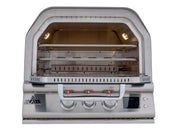 Stainless steel grill with transparent lid on a white background