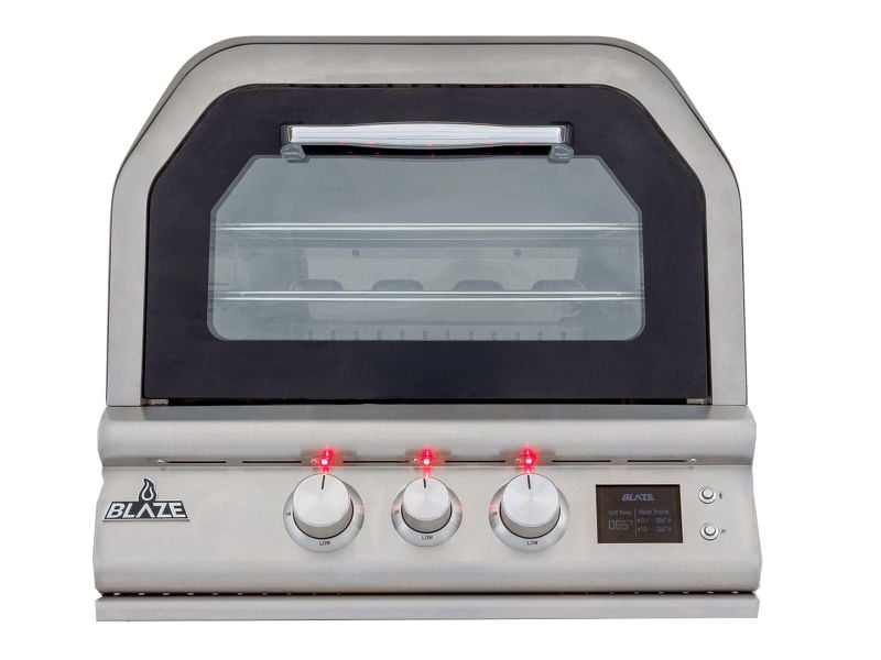 Portable grill with digital display and control knobs on a white background