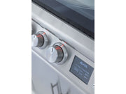 Stainless steel gas stove with digital display and control knobs on a white background