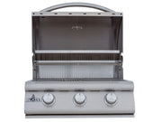 Portable gas grill with a white body and silver accents on a white background