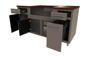 Gray kitchen island with open cabinets on a white background