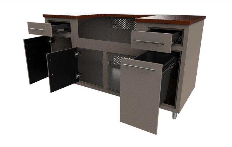 Gray kitchen island with open cabinets on a white background
