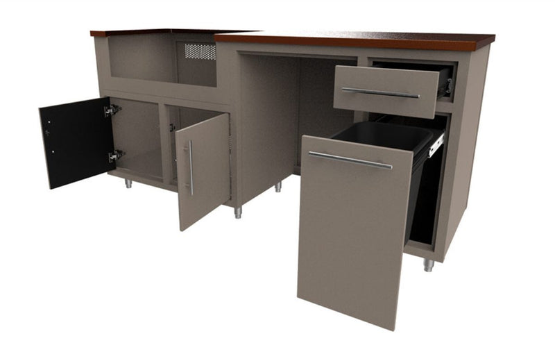 Corner kitchen cabinet with open doors and drawers on a white background