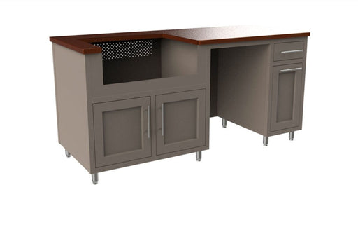 Gray L-shaped desk with wooden top on a white background