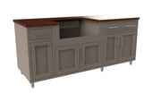 Gray kitchen island with wooden countertop on a white background