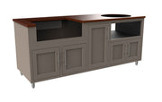 Gray kitchen island with wooden countertop on a white background