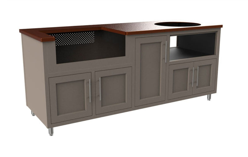 Gray kitchen island with wooden countertop on a white background