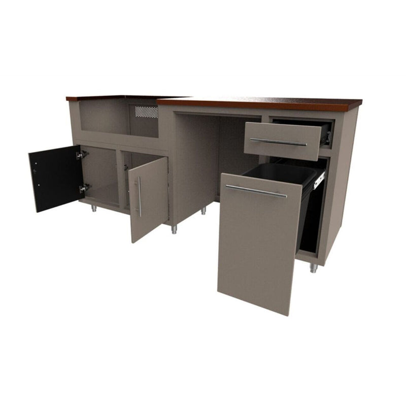 Gray kitchen island with open cabinet and drawer on a white background