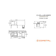 Technical drawings and dimensions of a product with 'Challenger Designs' and 'Coastal' branding.