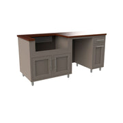 Gray L-shaped desk with a wooden top on a white background