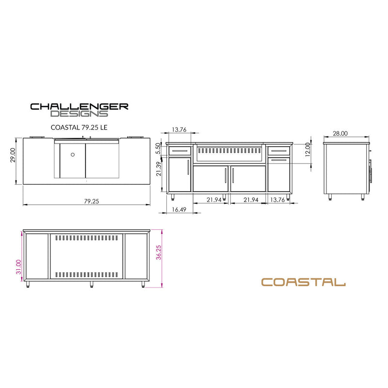 Technical drawing of a kitchen island with dimensions labeled, featuring the brand 'Challenger Designs'.