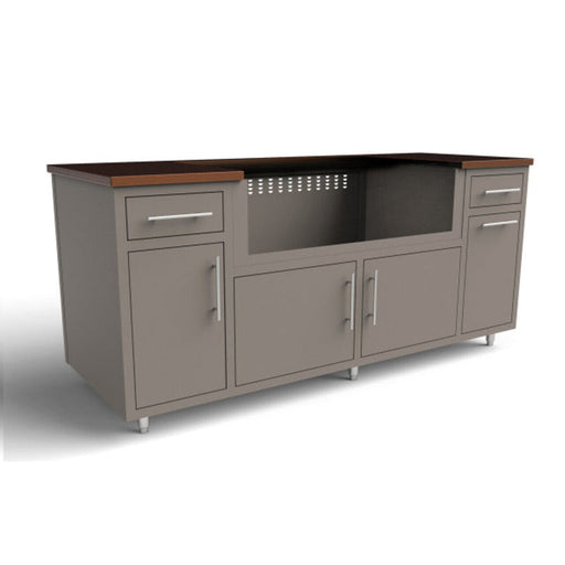 Gray kitchen island with wooden countertop on a white background