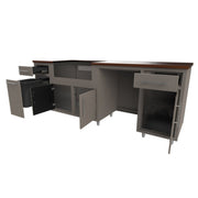 Corner kitchen cabinet with open drawers and doors on a white background