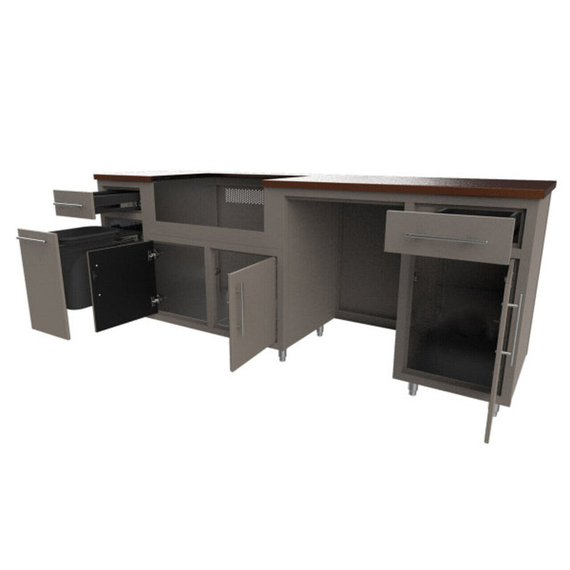 Corner kitchen cabinet with open drawers and doors on a white background