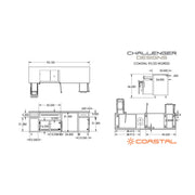Technical drawings of a kitchen layout with dimensions, featuring 'Challenger Designs' and 'Coastal' branding.