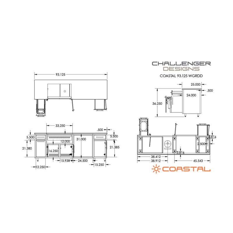 Technical drawings of a kitchen layout with dimensions, featuring 'Challenger Designs' and 'Coastal' branding.