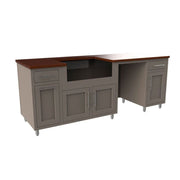 Corner office desk with gray cabinets and a wooden top on a white background