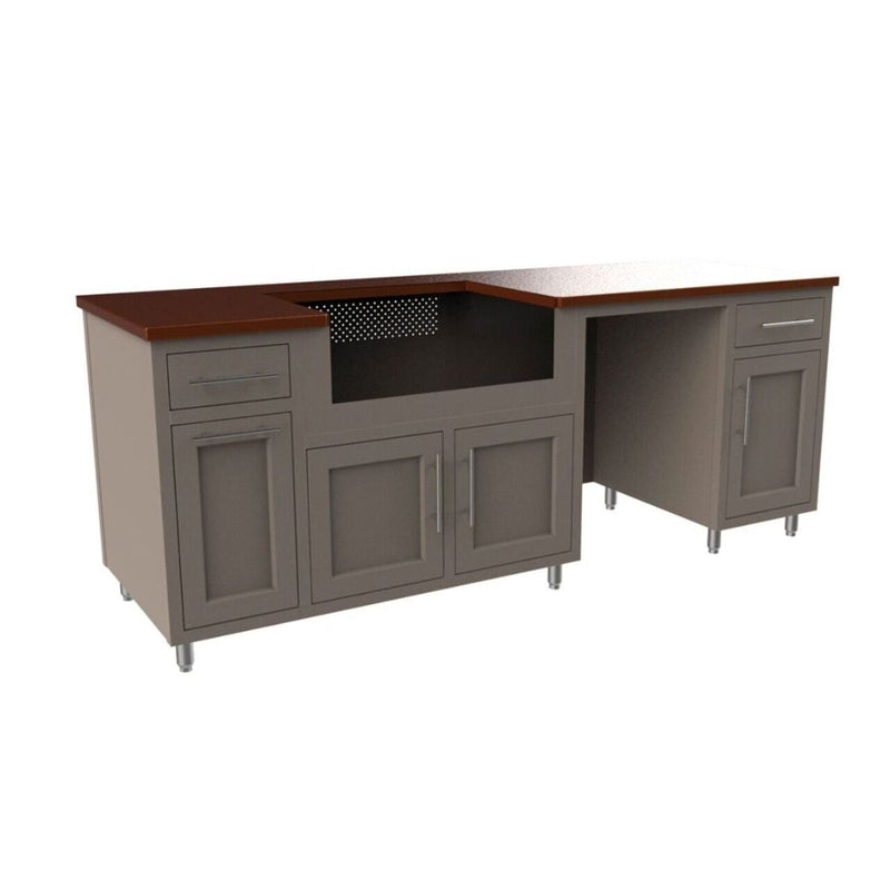 Corner office desk with gray cabinets and a wooden top on a white background