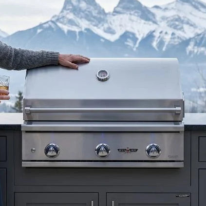 Man standing next to a grill outdoors with mountains in the background
