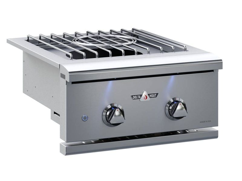 Stainless steel gas cooktop with two burners on a white background