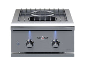 Stainless steel gas cooktop with two burners and control knobs on a white background