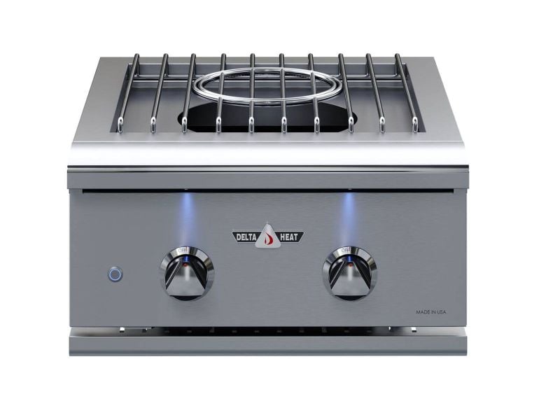 Stainless steel gas cooktop with two burners and control knobs on a white background