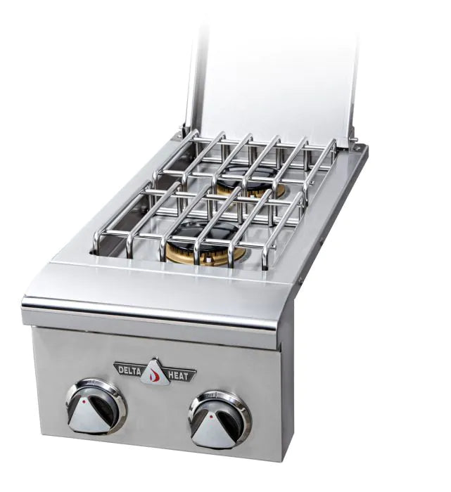 Stainless steel gas cooktop with two burners on a white background