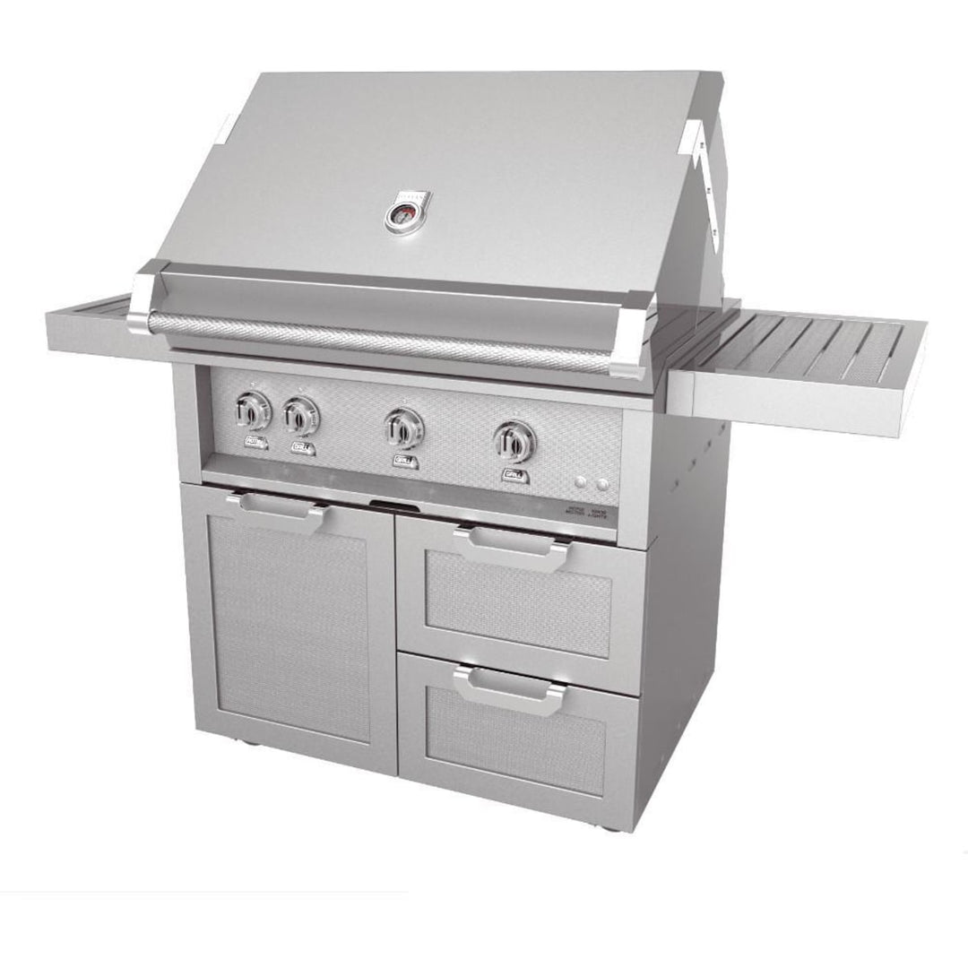 Hestan 36-Inch Gas Grill W/ Rotisserie On Double Drawer & Door Tower Cart