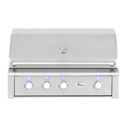 Stainless steel grill with four burners on a white background