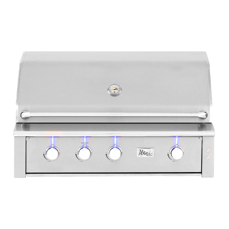 Stainless steel grill with four burners on a white background