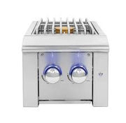 Stainless steel gas grill with two burners on a white background