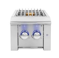 Stainless steel gas grill with two burners on a white background