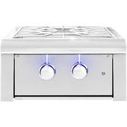 Stainless steel gas cooktop with two knobs on a white background