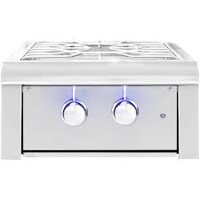 Stainless steel gas cooktop with two knobs on a white background