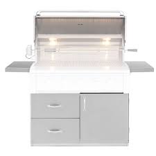 Outdoor kitchen grill with drawers and lights on a white background