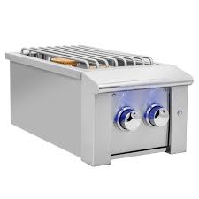 Stainless steel hot dog grill with two control knobs on a white background