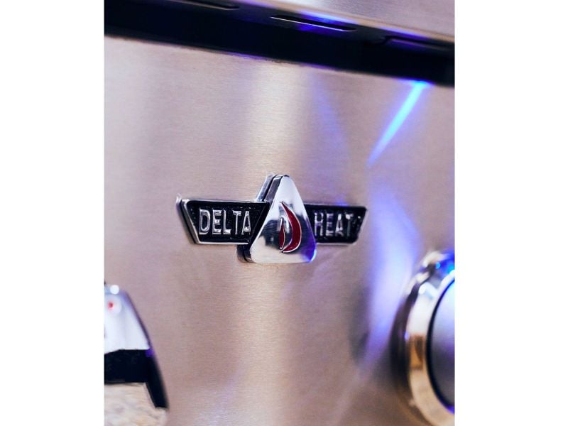 Close-up of a Delta Heat logo on a metallic surface