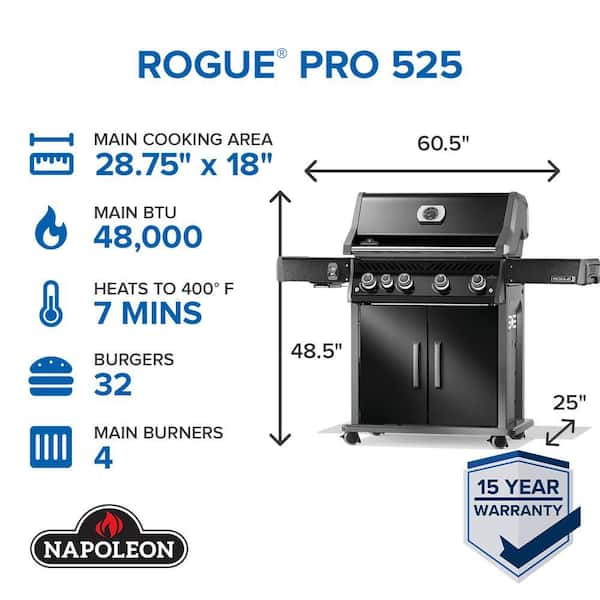 Napoleon Rogue Pro 525 grill with specifications on a white background