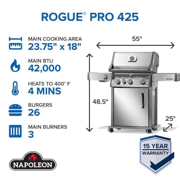 Napoleon Rogue PRO 425 3-Burner Natural Gas Grill w/ Infrared Side Burner - Black - RP425SIBN(P)K(SS)-2