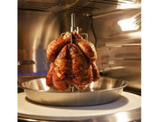 Roasted chicken on a metal pan inside an oven