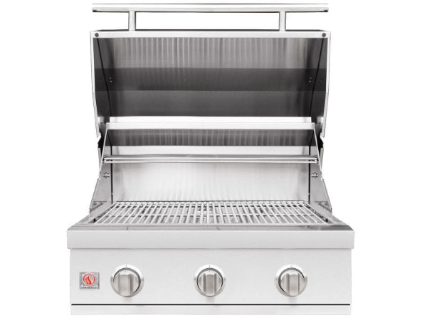 Stainless steel grill with three control knobs on a white background